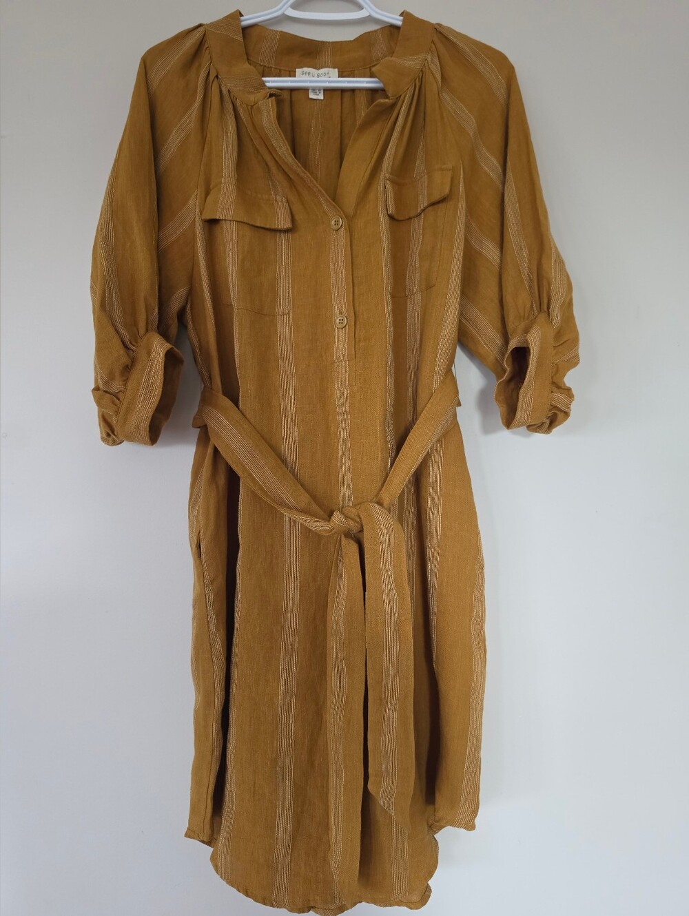 100% Linen Mustard Midi Shirt Dress. Oversized XS See You Soon "Alice"